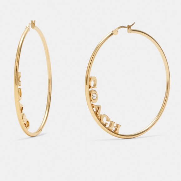 Coach X Jennifer Lopez Signature Hoops Earrings J-Lo Medium 2.25" Logo Gold - Picture 2 of 8